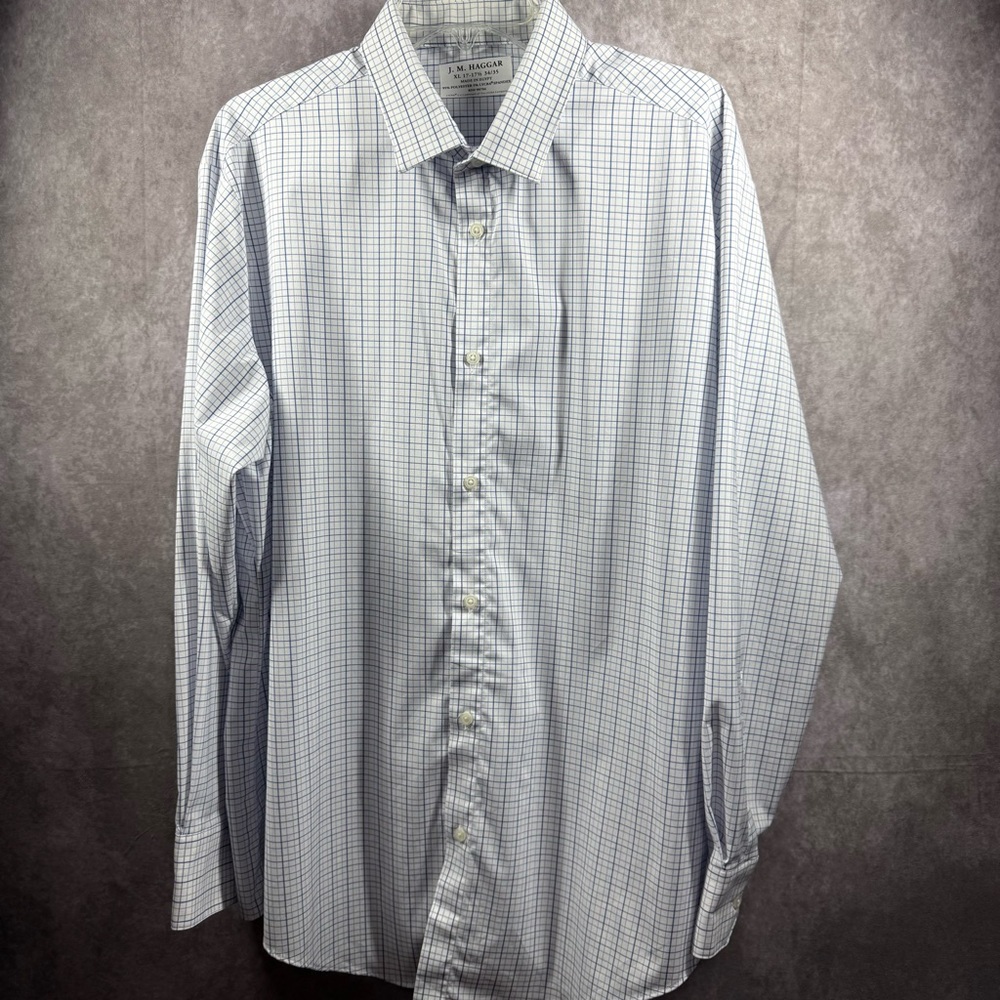 J.M. Haggar Men’s Size XL White Plaid Long‎ Sleeve Button Down Shirt Polyester